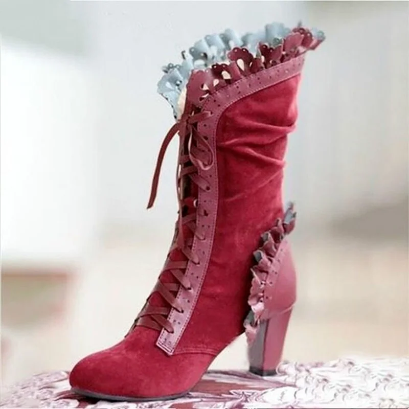 Women's Boots High Heel Boots Women Steampunk Women Sexy Leather Suede Boots Autumn Vintage Winter Shoes Lace Up