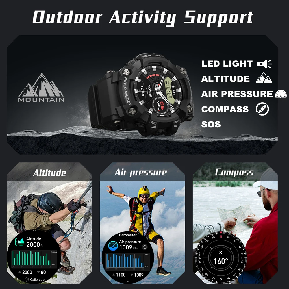 Nuovo smartwatch da uomo LED Bluetooth bussola parlante barometro di altitudine pressione dell'aria orologio intelligente multi sportivo per uomo