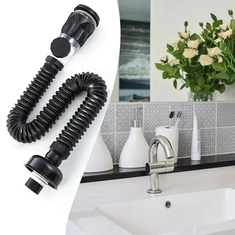 2 Piece Flip-Top Kitchen Sink Drain Black ABS Flexible Downspout Bathroom Sink Anti Clogging