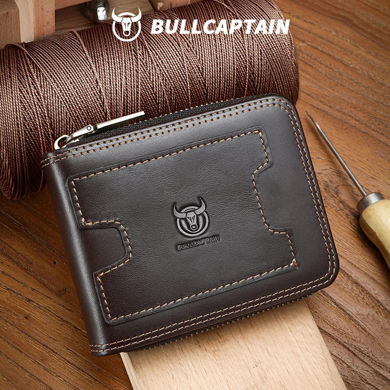 BULLCAPTAIN Genuine Leather Men's Wallet, Short Multi Card Bag, RFID Blocking Wallets for Men