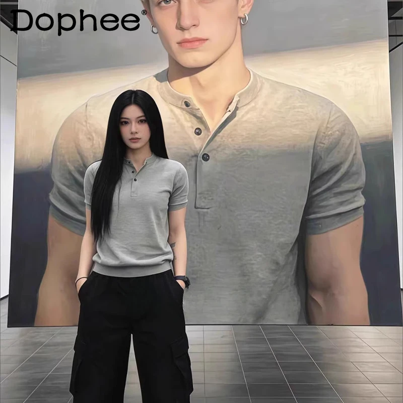 

Fashion Short-sleeve Tops Men's 2026 Summer New T-shirts Stand Collar Solid Color Polo Shirt Men's Simple Button Decoration Tees