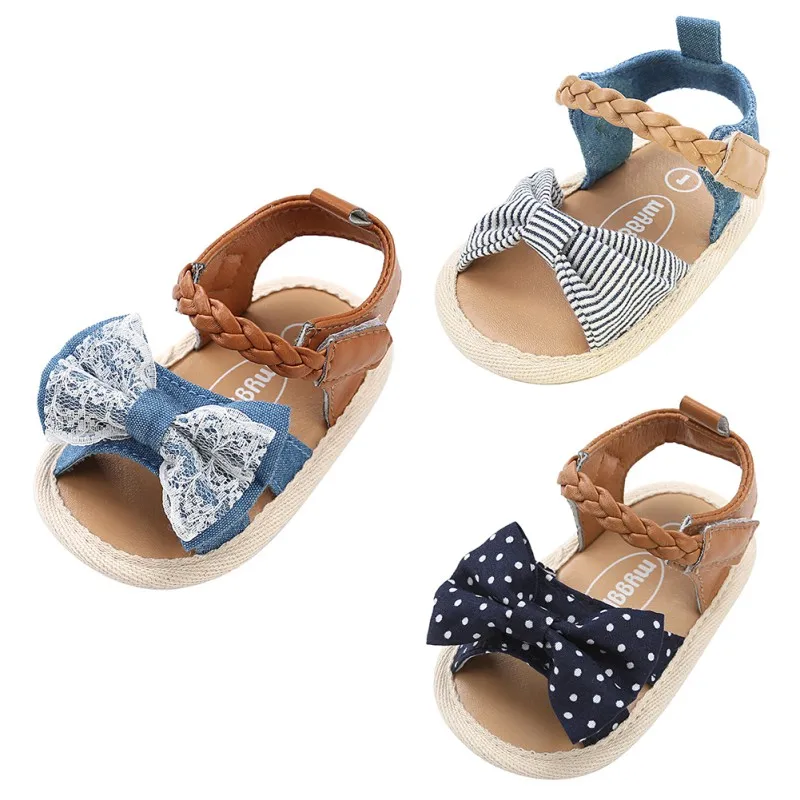 Summer Infant Baby Girl Shoes Striped Bowknot Polka Dot Toddler Flats Sandals Soft Rubber Sole Anti-Slip Crib First Walker 0-18M