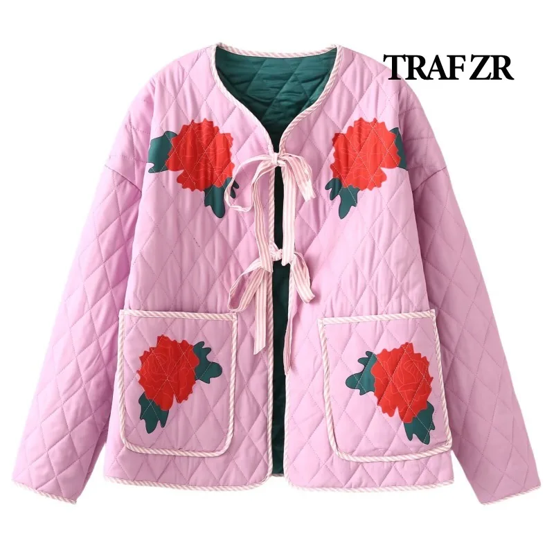 

TRAF ZR Snow Parka Prairie Chic Print Padded Coat for Elegant Women Warm Woman Winter Coats Vintage Lace-up Flower Parkas