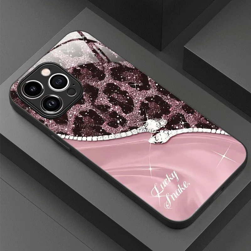 

Leopard Print Rhinestone Snake Pattern Glass Phone Case For iPhone 16 17 Pro Max 11 12 13 14 15 17Air 16E 7 8 Plus XR XS X Cover
