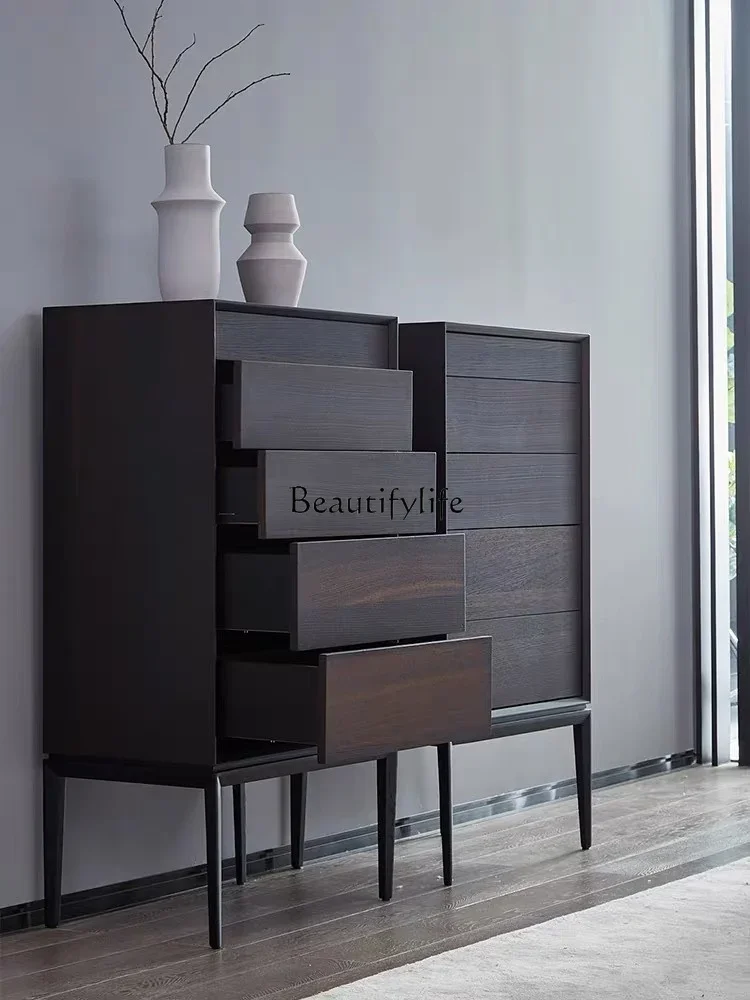 88.Italian minimalist smoky color narrow chest cabinet bedroom sofa corner small space high leg corner cabinet