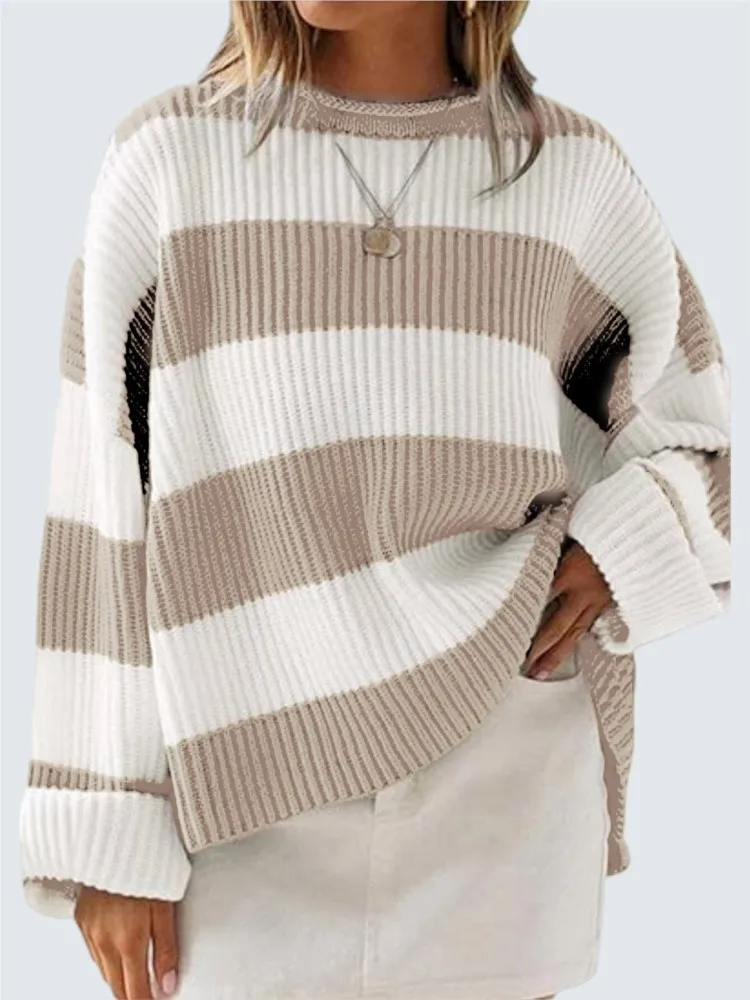 Fashion Bell Sleeve Loose Knitted Sweaters Y2k Preppy Style Casual O Neck Long Sleeve Striped Knit Sweater For Women Fall Winter image 4