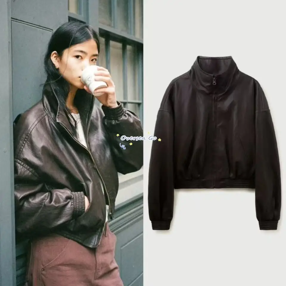 

Retro Sle Women's Leather Crop Jaet Stand Collar Classy Outerwear GED Autumn New Arrival High Gloss PU Leather Long Sve