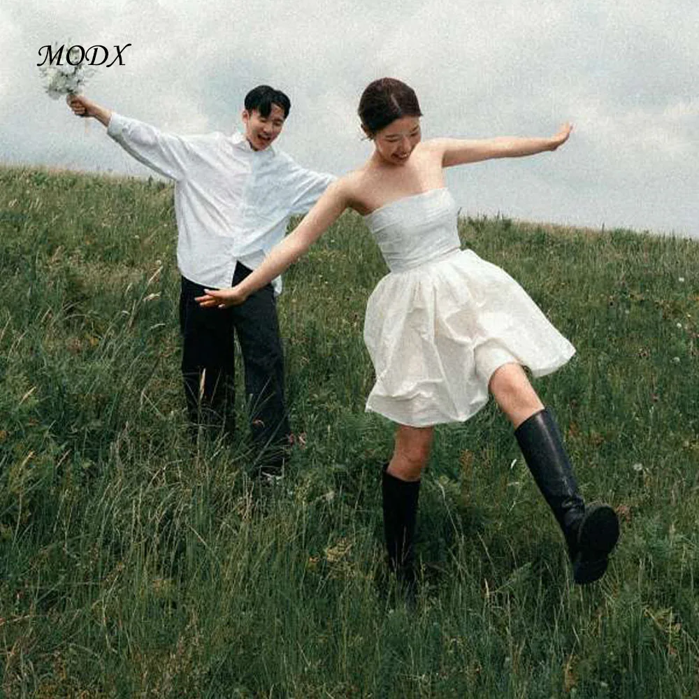 

MODX Simple Mini Short Wedding Dresses Korea Photoshoot Strapless Country Beach Bridal Gowns Prom Dress Corset Back Customized
