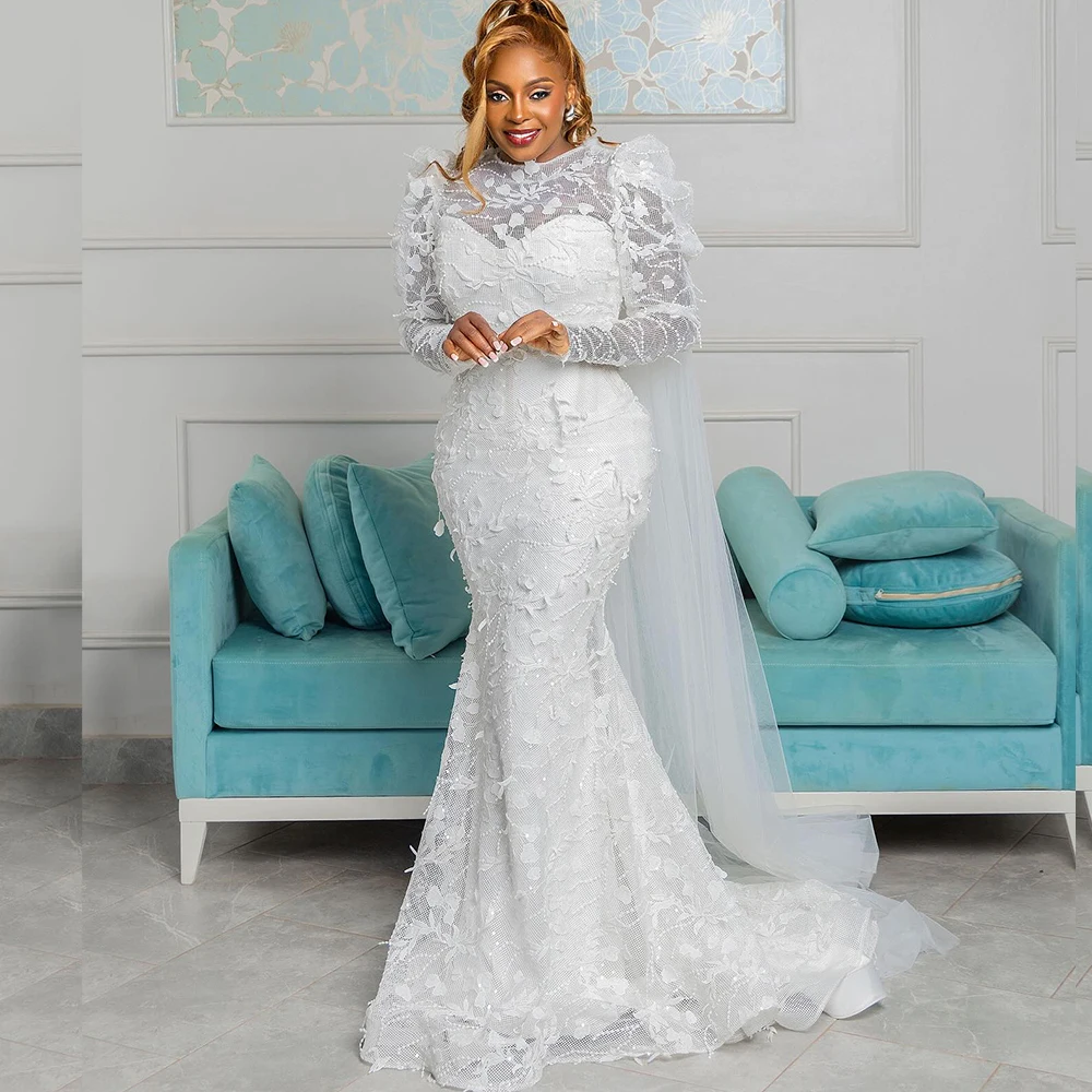 

Lace Mermaid Wedding Dresses for Bride O Neck Long Sleeve Sweep Train Aso Ebi Africa Bridal Gowns robes de mariee Customized