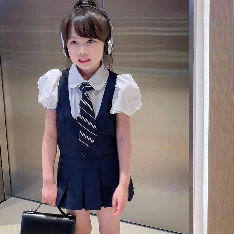 Children\'s Clothing Set Girls Academy Fake Two piece Short sleeved Top+Tie+Pleated Skirt 3Pcs 2024 Summer New School Uniform