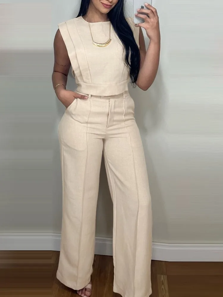 2026 Casual Solid Color Commuting Suit Spring And Summer New Fashion Sleeveless Loose Top With Straight Trousers Two-piece Set