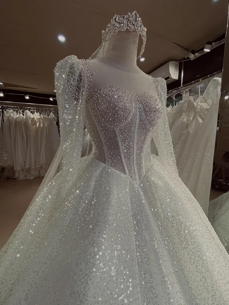 Custom Luxury Puff Sleeve Sheer Beaded Corset Ball Gown Wedding Dress Cathedral Train Bridal Gown Plus Size Vestido De Novia