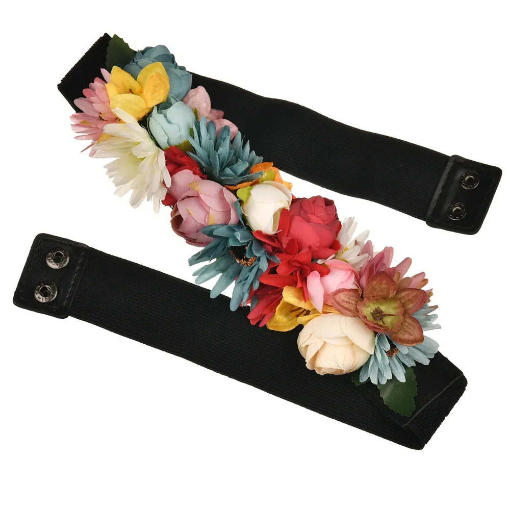 Ladies Imitation Flower Rose Elastic Wide Belt Holiday Clothing Accessories Bohemian Style Beach Resort Factory Wholesale Direct
