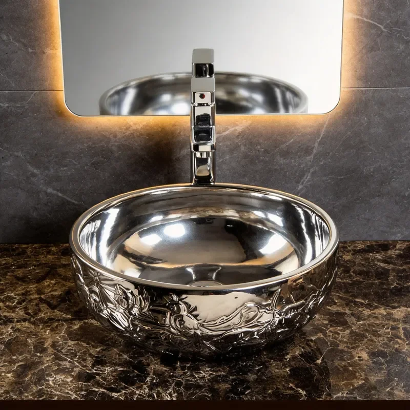 Luxury Ceramic Vessel Sink with Marble Top Single Hole Gold Silver Electroplated Basin for Modern Bathroom Vanity