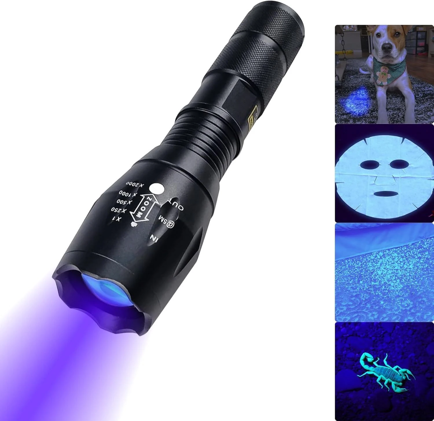 Linterna UV con Zoom TOPCOM 395nm, Batería AAA/18650, Luz Negra LED Ultravioleta de 3W, Linterna de Bolsillo para Detectar Ámbar, Escorpiones y Orina