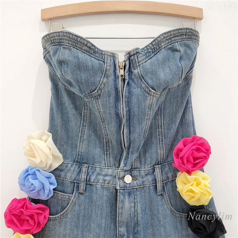 Design Three-Dimensional Flower Tube Top Denim Jumpsuit for Women Sexy Hot Girl A- Line Wide Leg Shorts Summer Denimwear