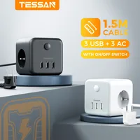 TESSAN Cube Table Power Strip Extender with 3 Outlets 3 USB Ports 1.5M Extension Cord EU KR Plug Tee Socket Adapter with Switch