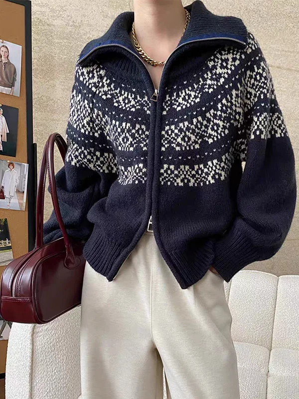 

Chic Autumn Winter Fair Isle Zipper Door Knitwear Women's Soft Cozy Half High Collar Open Cardigan Trendy Outerwear