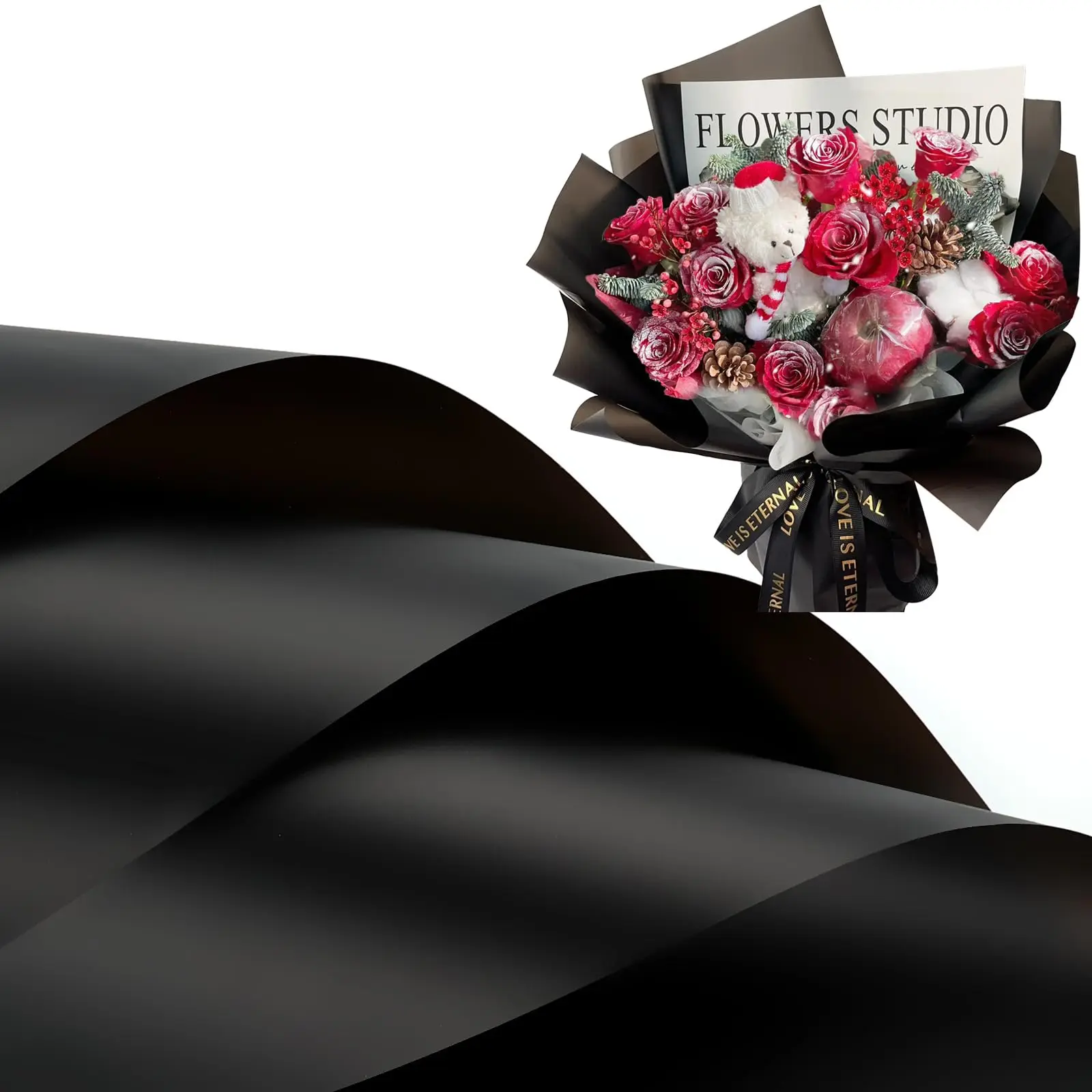 

20 Sheets Matte Black Flower Wrapping Paper with Golden Edges, Waterproof Packaging - Perfect for DIY Wedding & Birthday Gifts