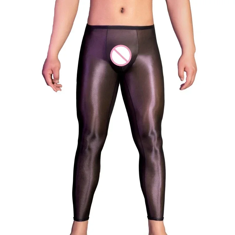 

Mens Trousers Perspective Breathable Sexy Sleep Bottoms Leggings Elastic Glossy Smooth Long Johns Bulge Pouch Sheer Pants Tights