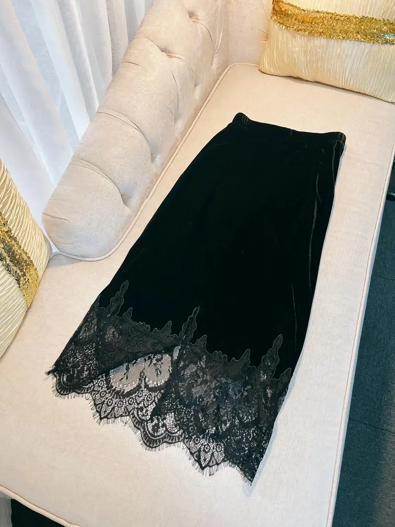 Hiver 2024 Nouvelle jupe en velours f-longueur avec épissure de dentelle et taille élastique Ba Split Bodycon Vestido F Cidade Pormen...