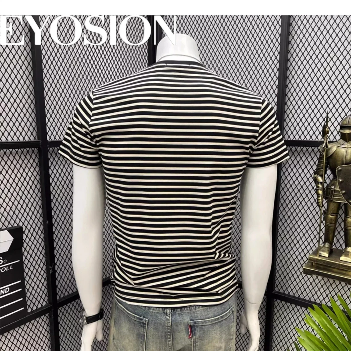 2025 Men's Short Sleeved Embroidered Green Black Striped Round Neck High Quality Cotton Summer Half Sleeve Body Shirt