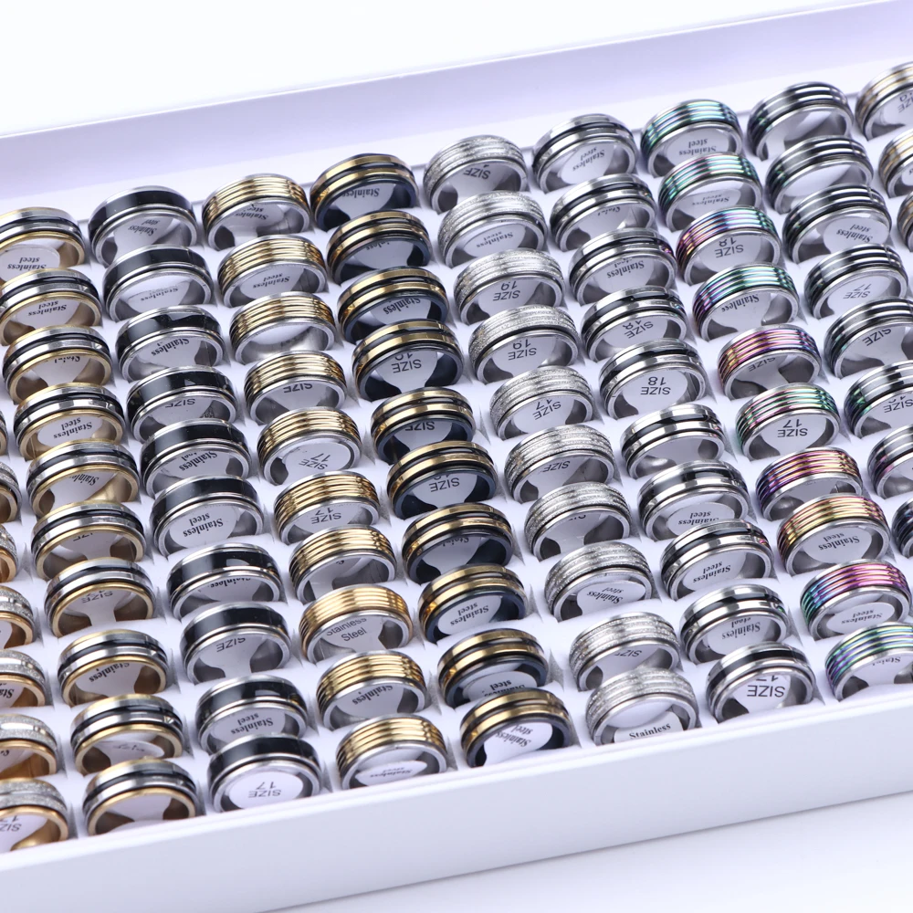 10/20/30/50Pcs/Lot Classic Trend Hollow Out Number Stripe Rotatable Stainless Steel Rings Mix Style Men Jewelry Gifts Wholesale