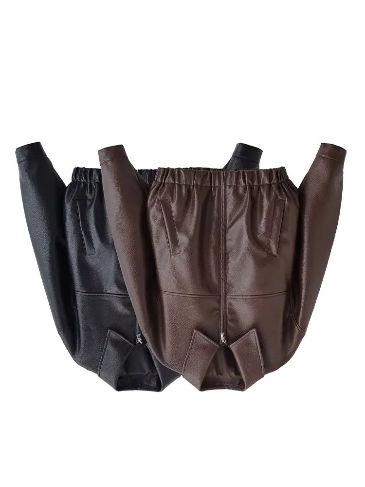 

Женская весенняя новинка: модная универсальная куртка из искусственной кожи с длинными рукавами, отложным воротником на молнии, в стиле ретро, с карманами, повседневная.