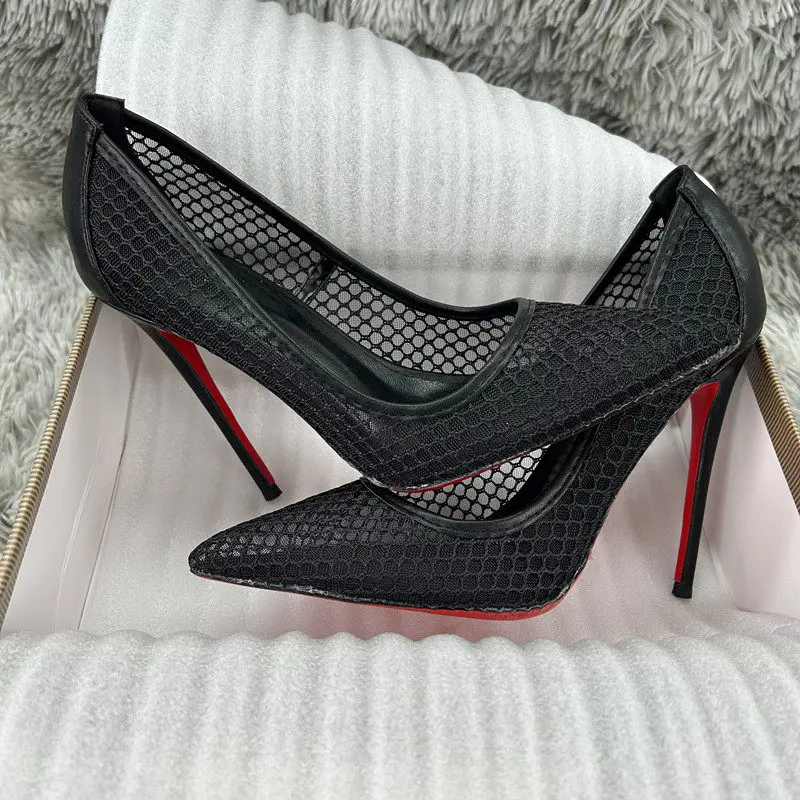 2026 New 12cm Bare Matte Mesh Fine Heels with Pointed Shallow Mouth Single Shoes for Women, Sexy and Comfortable