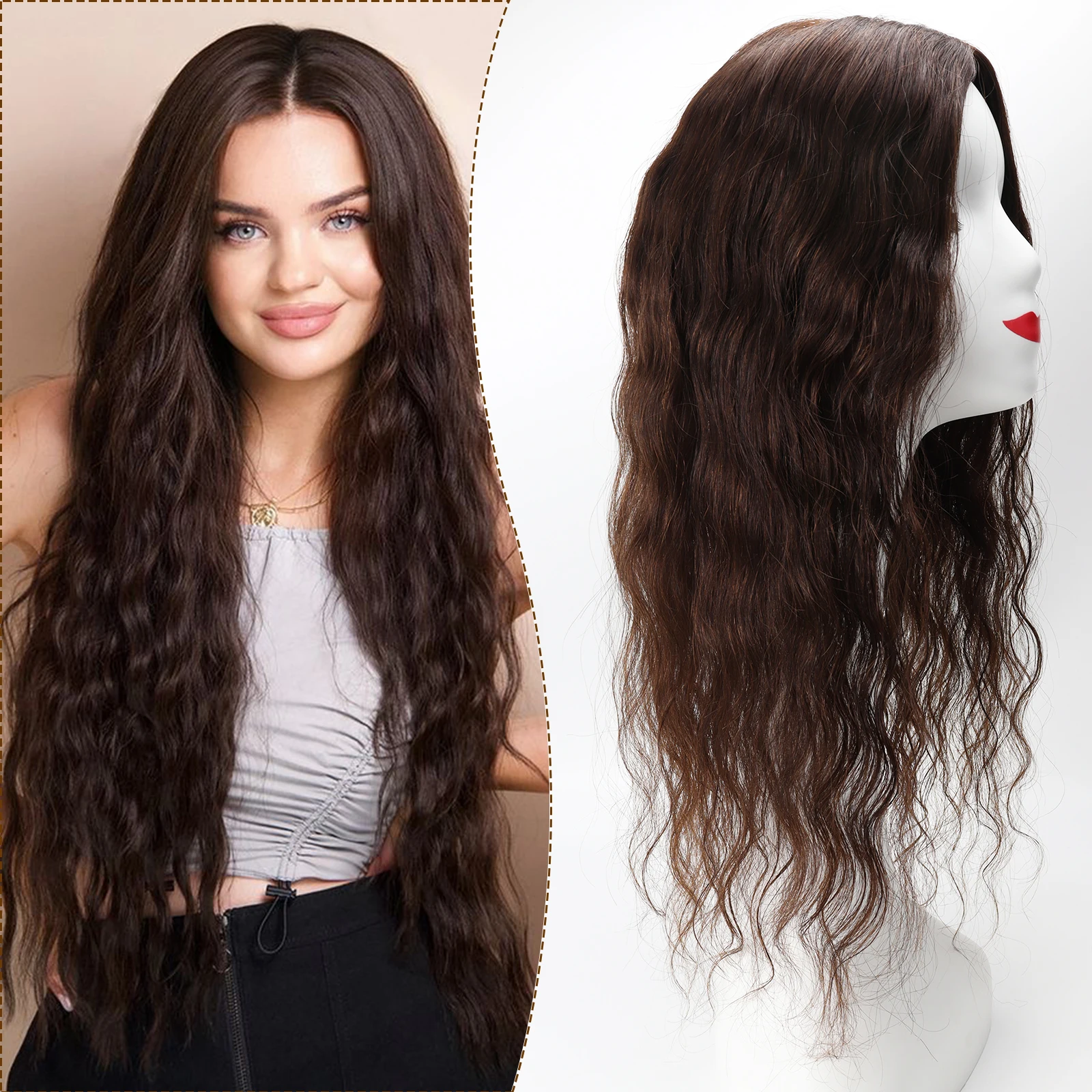 24“ Medium Brown Virgin European Human Hairpiece 15x16cm Silk Base Human Hair Topper with Clips in Silk Top Wavy Toupee