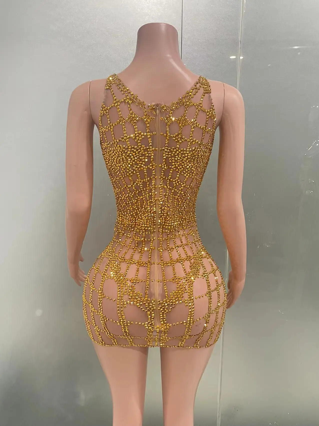 STOCK Sparkly Gold Rhinestones Birthday Dress Women Luxury Evening Party Celebrate Prom Gowns Sexy Mesh Stage Activity Clothing