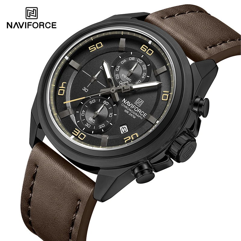 NAVIFORCE Waterproof Watches for Men Original Brand Luxury Leather Men's Quartz Wristwatch Fashion Military Chronograph Male