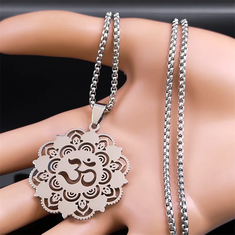 Om Lotus Mandala Pendant Necklace for Women Men Silver Color Stainless Steel Meditation Buddha Spiritual Necklace Jewelry N8082S