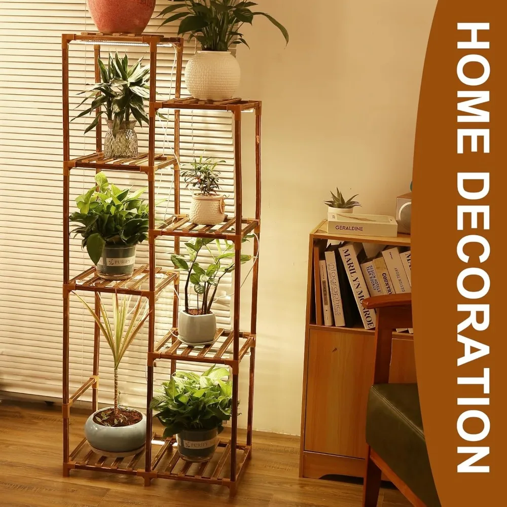8-Tier Wood Plant Stand with Full Spectrum LED Grow Light, Timer & Brightness Control for Indoor Plants
