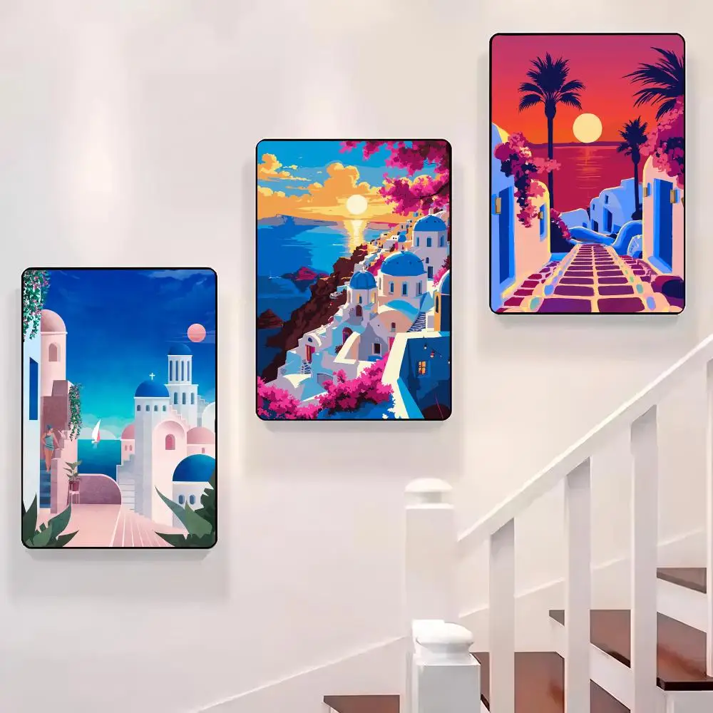 Póster de flores de la isla de Santorini en Grecia, pared adhesiva impermeable para el hogar, sala de estar, dormitorio, Bar, decoración estética, regalo perfecto