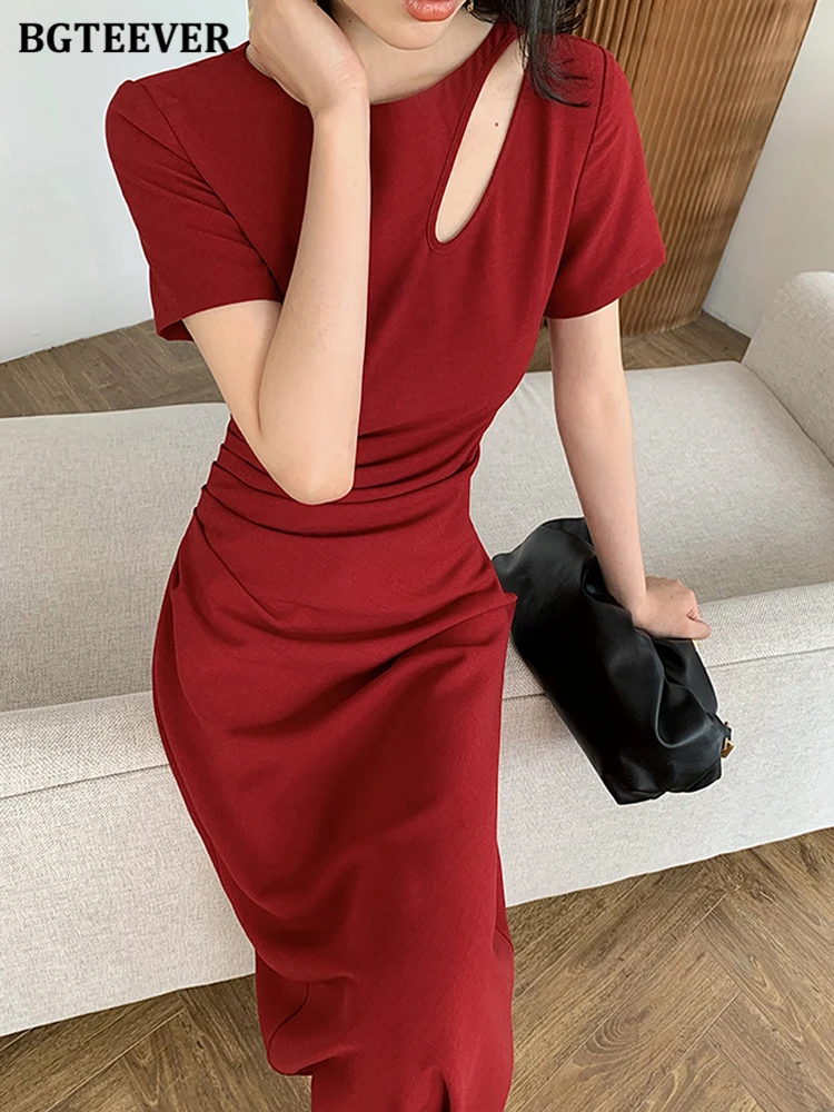 BGTEEVER Stylish O-neck Hollow Out Midi Dress Women Short Sleeve Slim Waist Ruched Dress Female Summer Casual Solid Vestidos