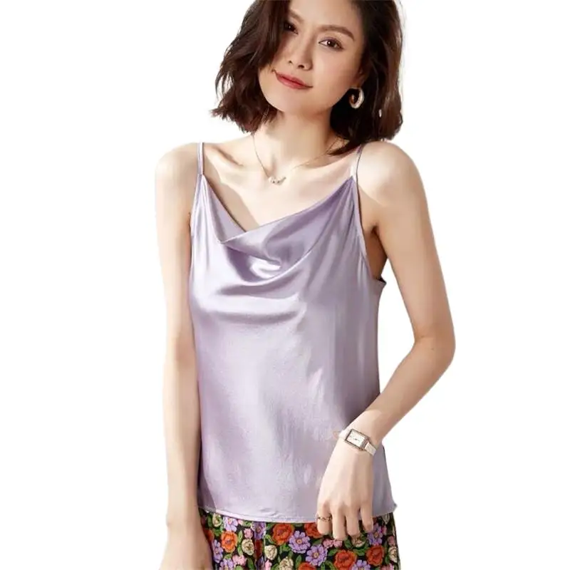 2024 Summer Women Sexy Acetate satin Camis Vintage Luxury ice Silk Shiny Camisole lavender Tank Tops sweet fashion beach vest