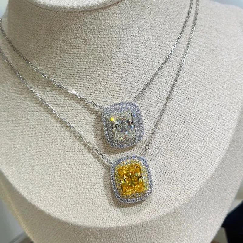 100% 925 Sterling Silver Pave AAA Zircconia Square Shape Pendant Necklaces For Women Fine Jewelry