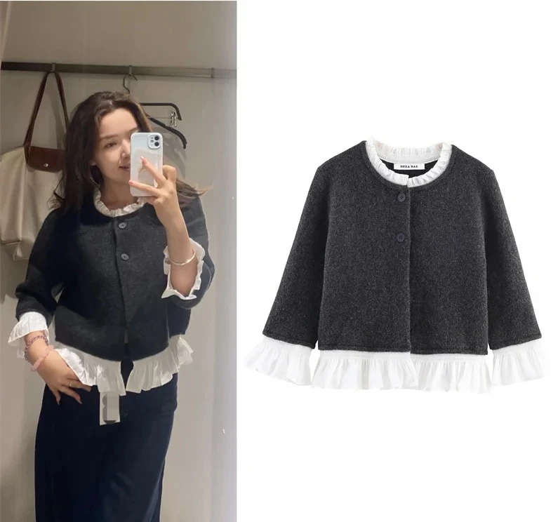 

Women's Coat Autumn New Style Dark Gray Patchwork Long Sleeve Knitted Cardigan Coat Casual Fashion Versatile