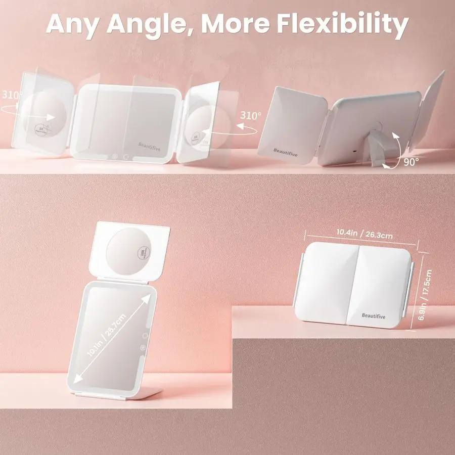 مرآة مكياج مضاءة للسفر، مرايا مكبرة قابلة لإعادة الشحن بقدرة 5000 مللي أمبير في الساعة 1X 3X 10X، 3 ألوان مضيئة للتعتيم بدون خطوات، U #2