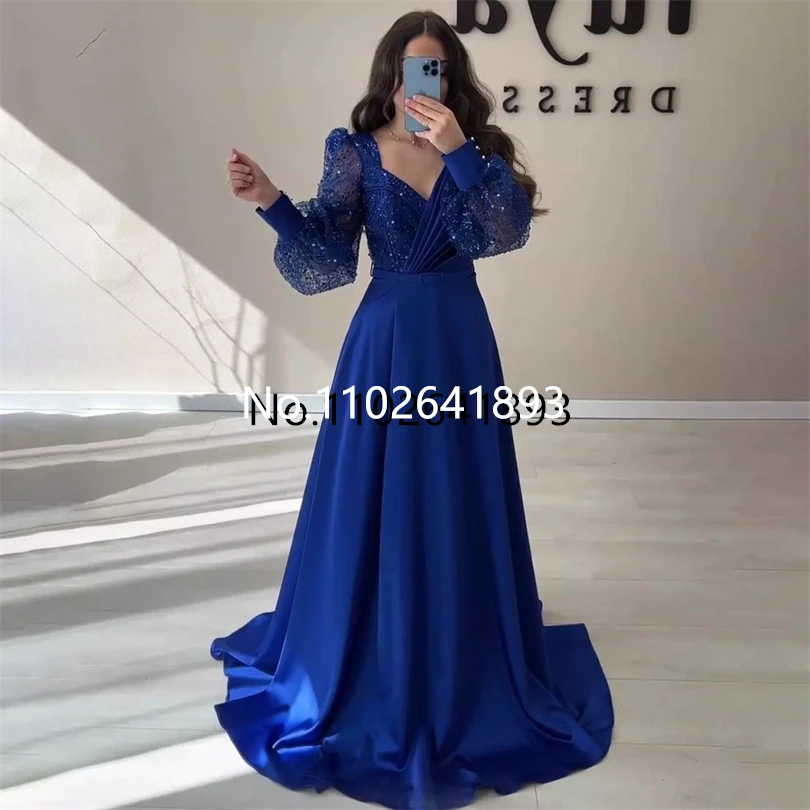 Gaun malam Glitter biru Royal gaun pesta acara Formal pengantin leher V model A-Line lengan Puff berkilau gaun pesta malam pesta 2023