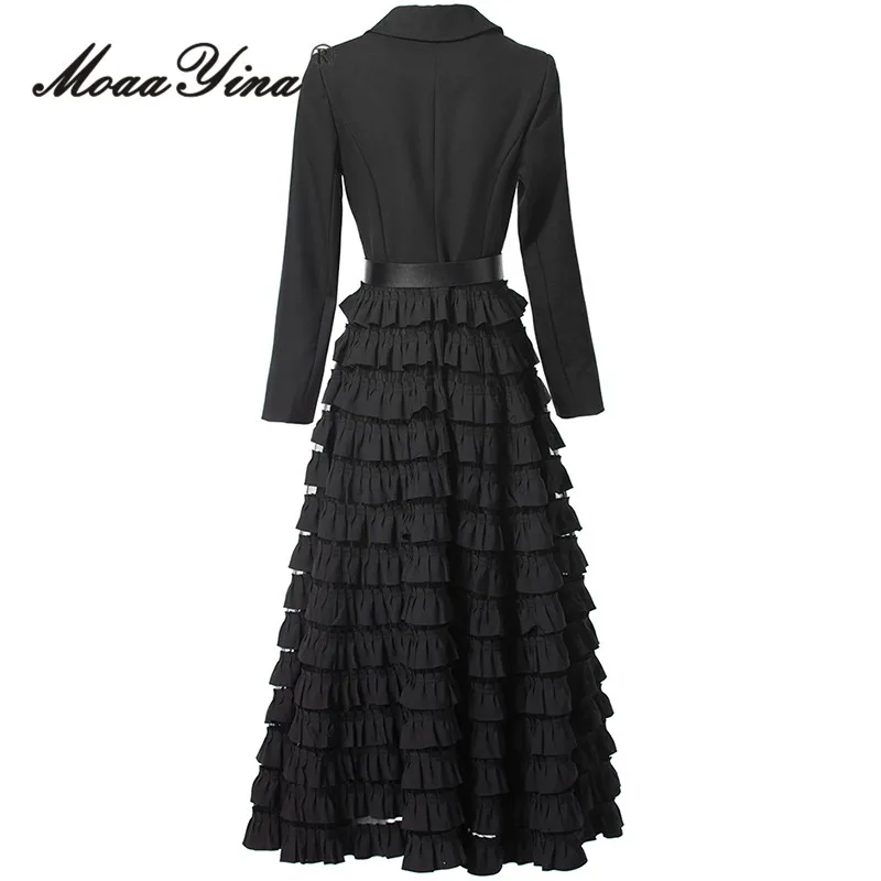 MoaaYina Moda Outono Casaco de gola elegante com vestido de borda de cogumelo em camadas de cem dobras
