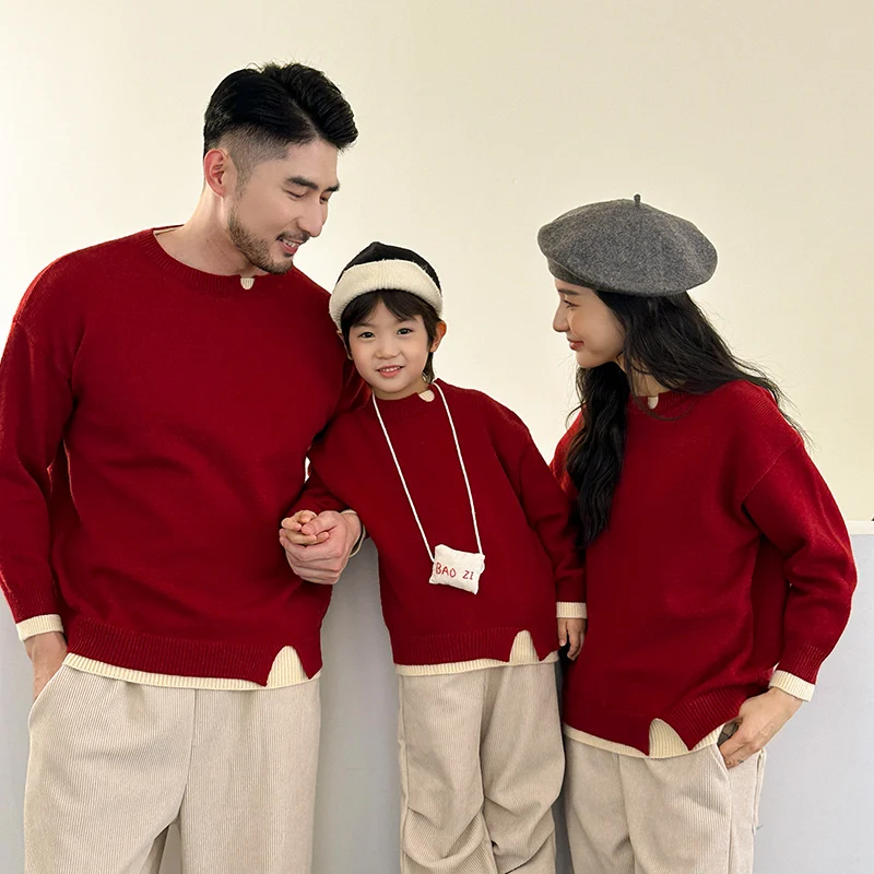 1-12 Year Sibling Girl Boy S-3XL Mom Dad Brother Sister Family Matching Outfits Red Color Patchwork 2025Chinese New Year Sweater