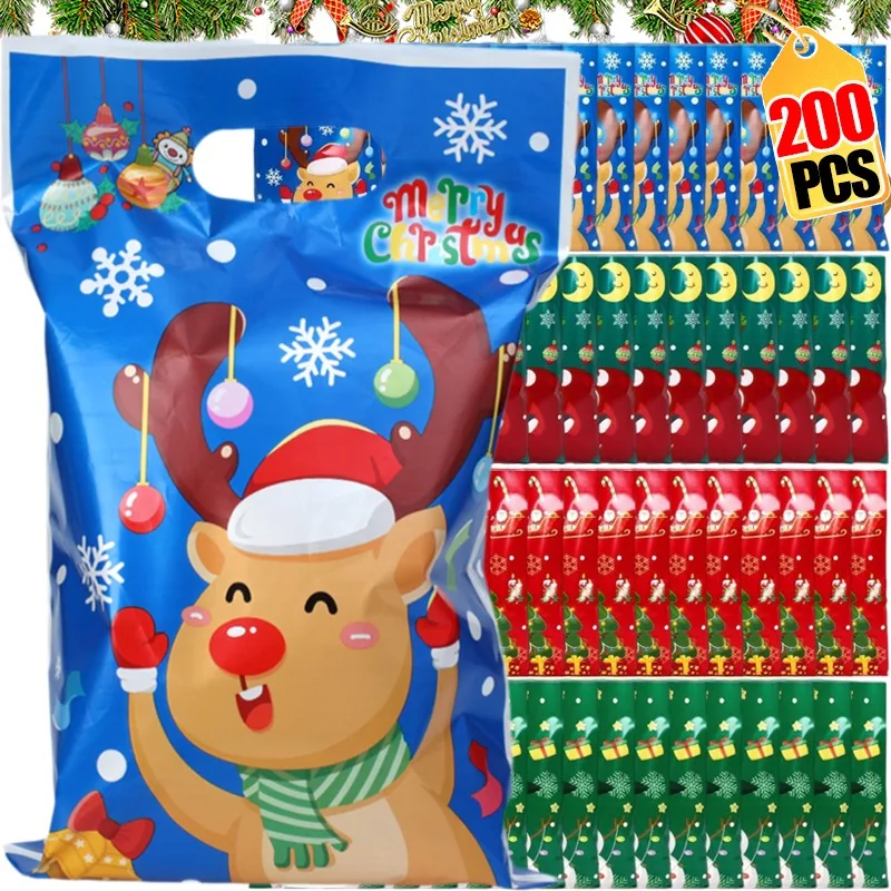 200/50Pcs Christmas Cookie Candy Bags Self Adhesive Kids Gift Packaging Biscuit Bag New Year Navidad Xmas Party Decor Supplies