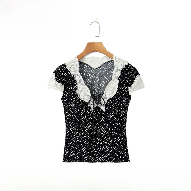 

Новая женская модная ретро-блузка EVEA с кружевом в горошек, дышащая, из полиэстера, с коротким рукавом, V-образным вырезом, для повседневной носки, для девочек