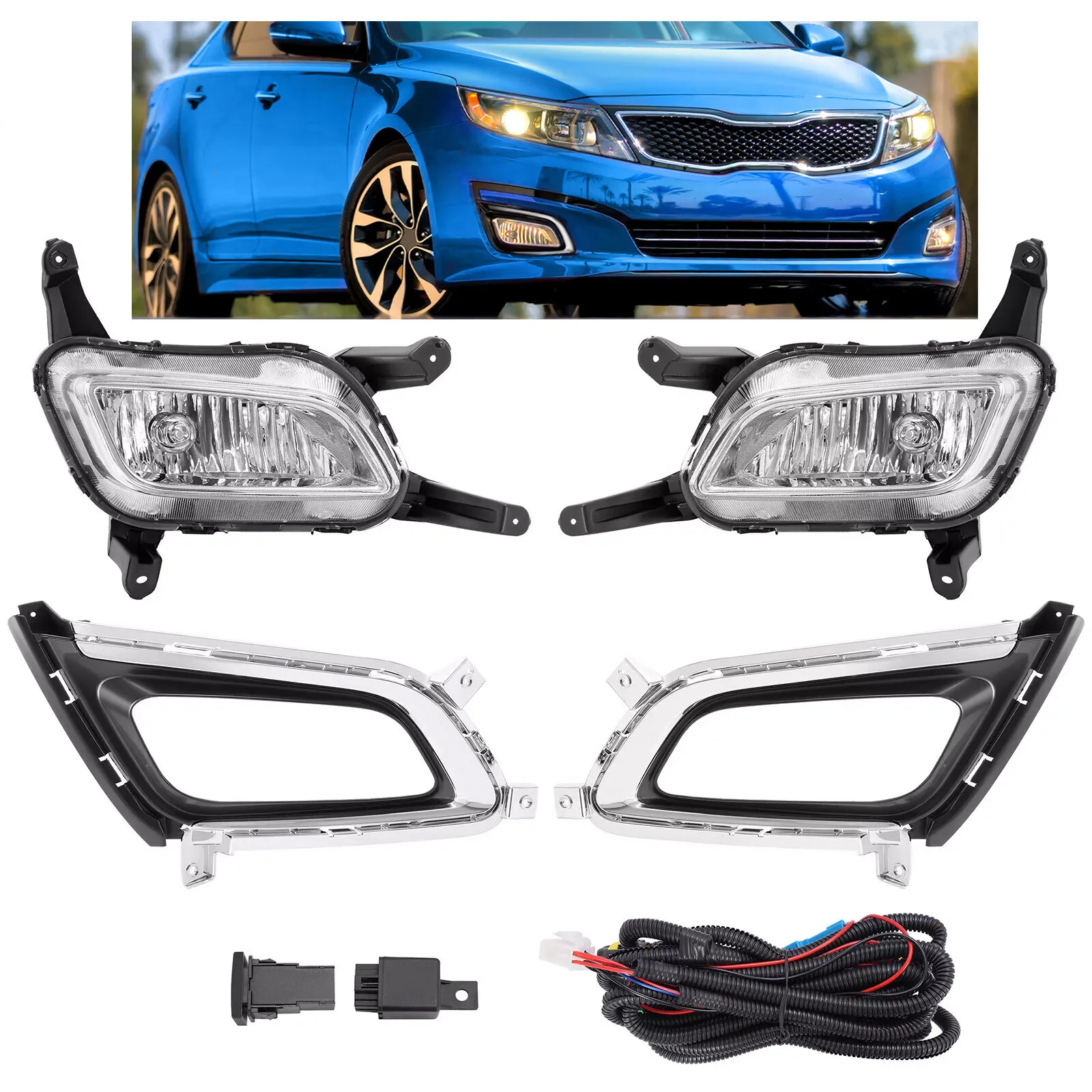 

Fog lights Clear Lens For Kia Optima 2014 2015 W/ Bezels & Chrome Trims
