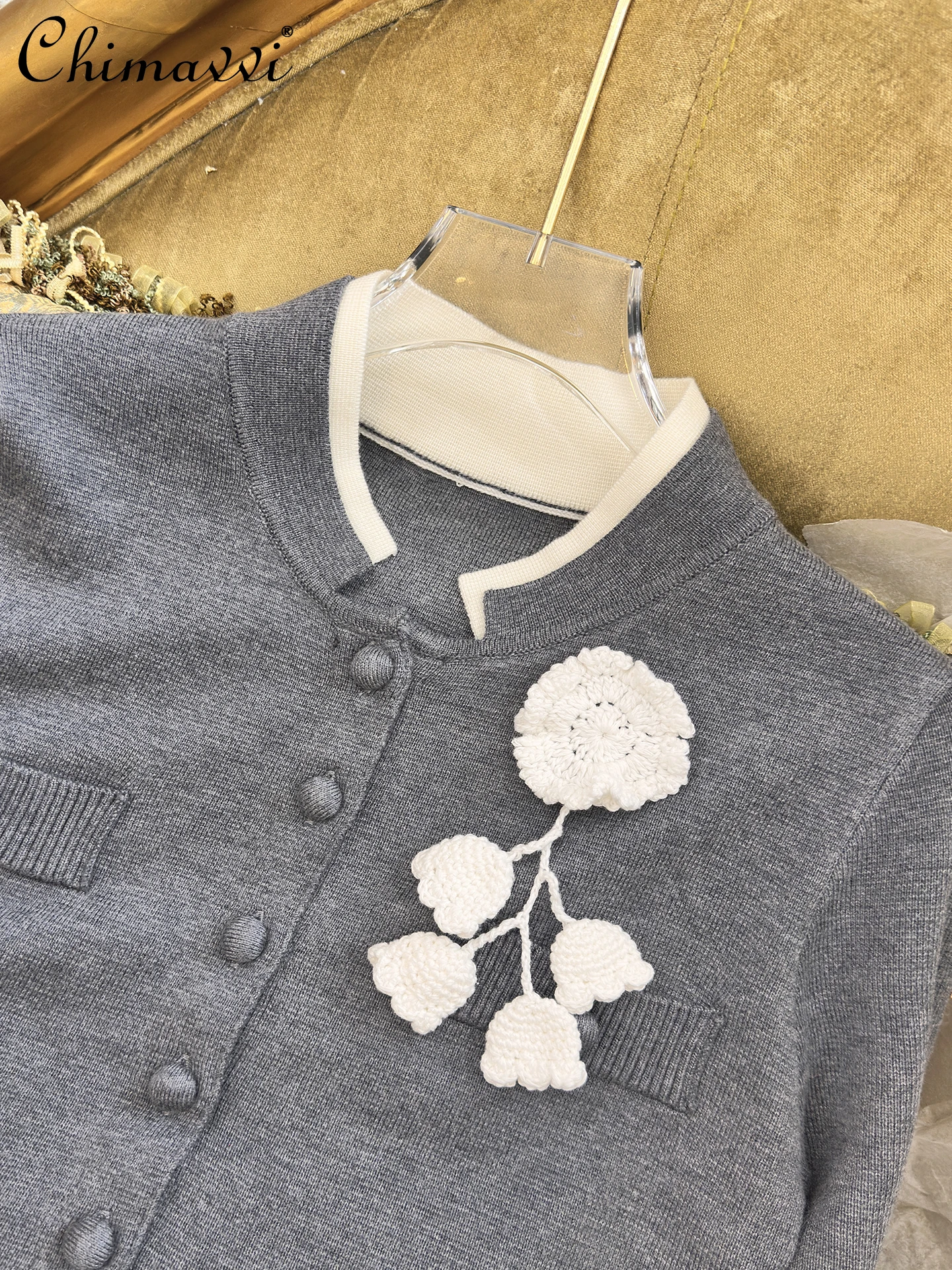 Осень-зима 2022, новый модный тонкий серый вязаный кардиган, женский милый трехмерный цветочный декор, элегантный свитер, пальто