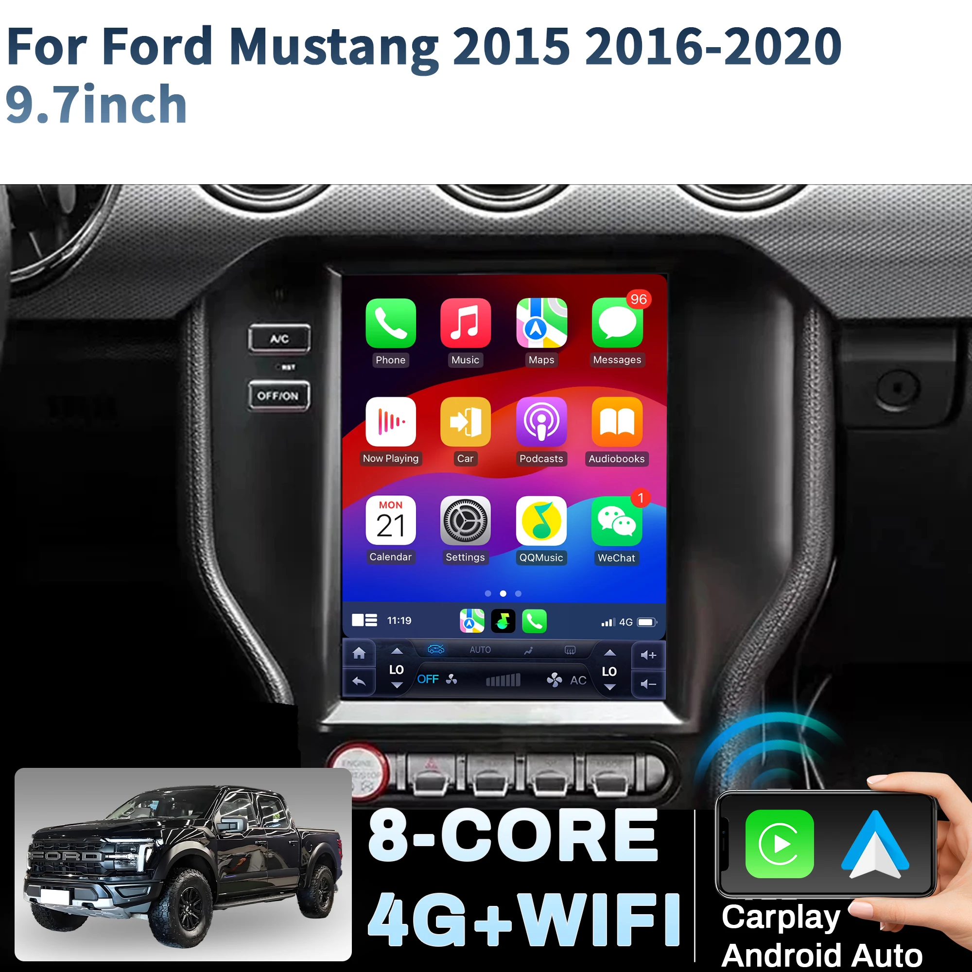 

9.7 inch Car Radio For Ford Mustang 2015 2016-2020 Android 14 4G Head Unit Wireless Bluetooth CarPlay Touch Screen Stereo System