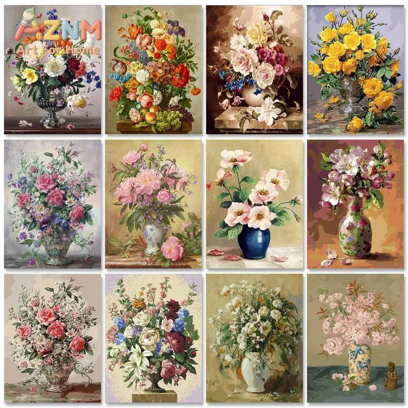 AZNM Classical Flower Vase Canvas Wall Art, Rose Peony Bouquet Vintage Floral Oil Painting Print, Living Room Bedroom Home Decor