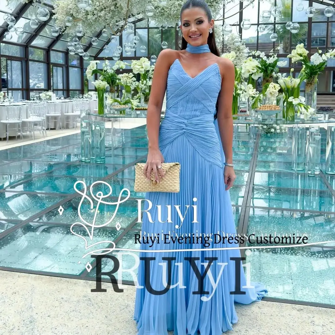 

Customized Pleated Chiffon Sleeveless Evening Dresses 2025 Elegant Party Gown with Scarf Light Blue Wedding Prom Dress